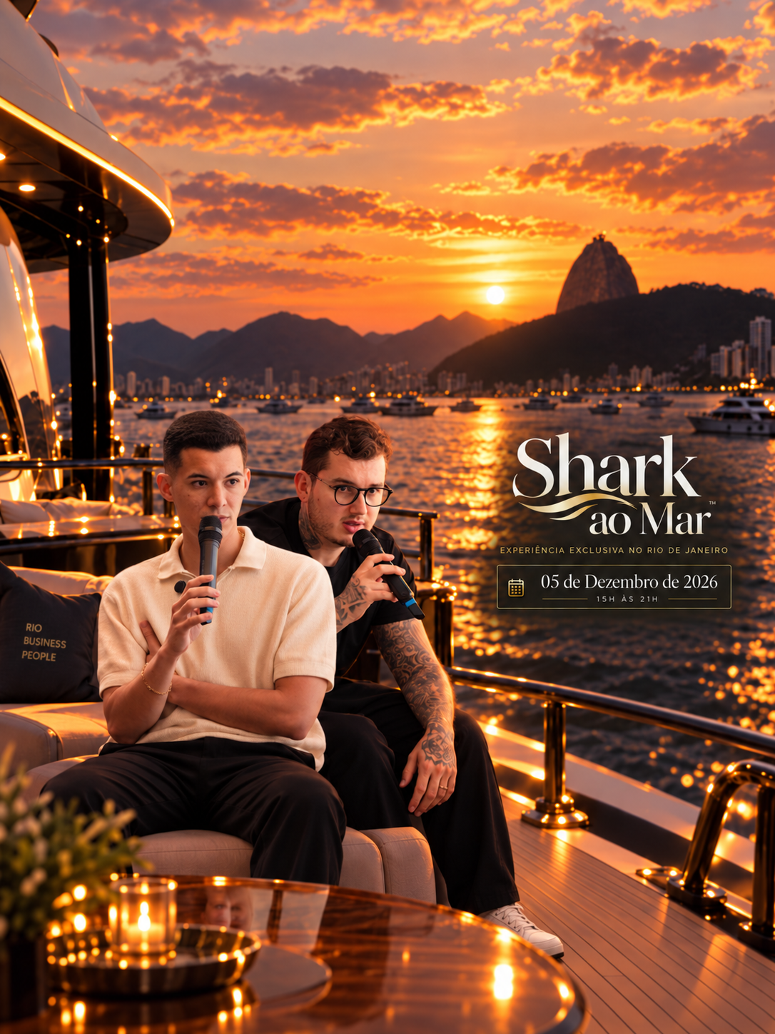 Shark ao Mar — Experiência exclusiva no Rio de Janeiro, 05 de dezembro de 2026, 15h às 21h. Victor e Thiago com microfones a bordo de um iate ao pôr do sol na Baía de Guanabara