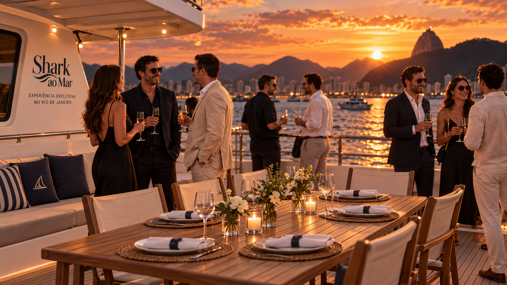 Convidados com taças de champanhe no deck de um iate ao pôr do sol na Baía de Guanabara, com o Pão de Açúcar ao fundo e a mesa posta para o jantar