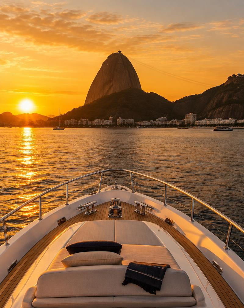 Proa de iate ao pôr do sol no Rio de Janeiro